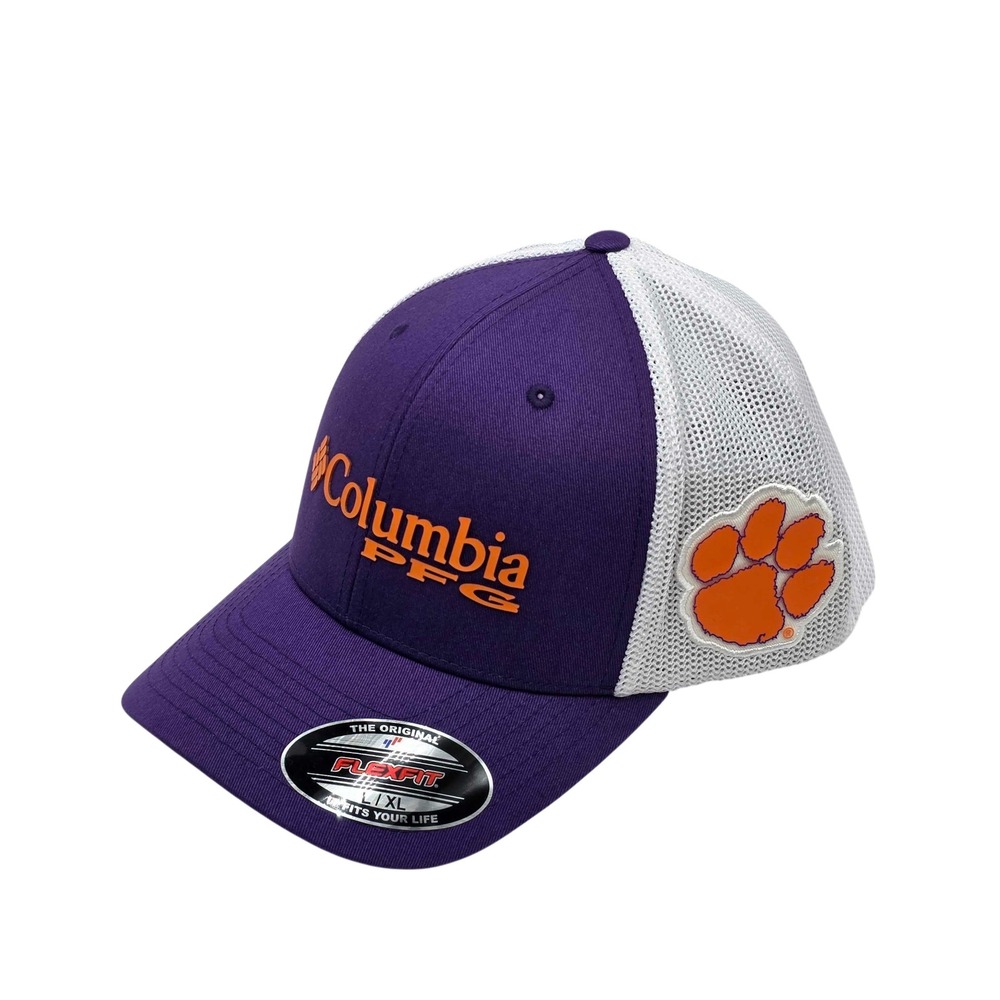 Columbia PFG Clemson Tigers NCAA FlexFit Mesh Hat Cap Size L/XL Purple White NWT